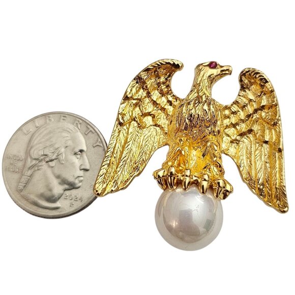 Ann Hand Vermeil Sterling Eagle Brooch, Faux Pearl Pin, Signed - Picture 8 of 11